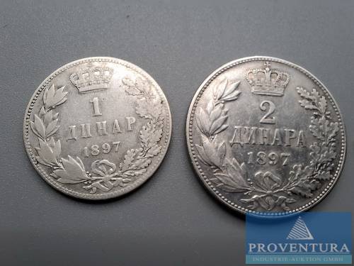 Silbermünzen Serbien 1897 1 Dinar 2 Dinar KM21